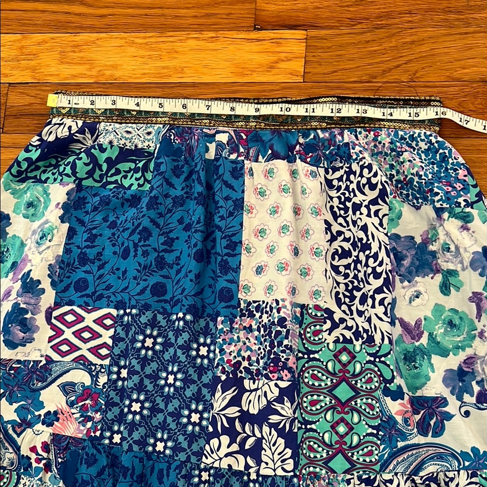 Rusttydustty Boho Blue Patchwork Maxi Skirt XL Embellished Waistband Festival EU - Picture 5 of 11